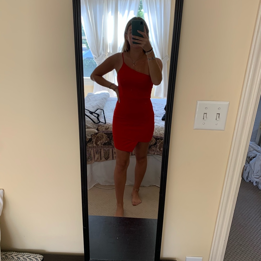 One shoulder mini dress.
